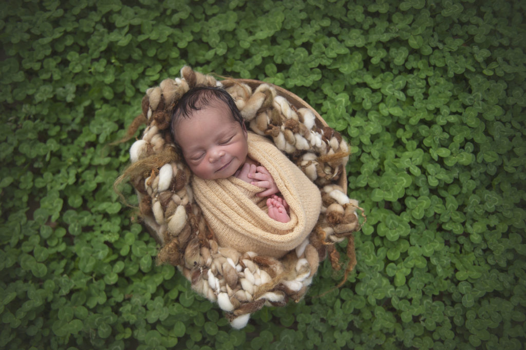 Newborn boy wrapped up and sleeping on soft material outside surrounded by a field of clovers. Rates page place holder.